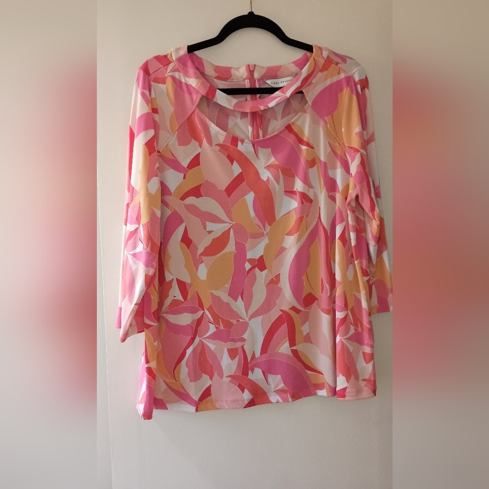 Sale! Susan Graver Pink and Orange Abstract Print Liquid Knit Blouse